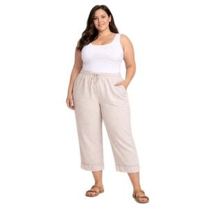 Lane Bryant Beige Wide Leg Crop Pants Size 18/20 Linen Blend Crochet Drawstring